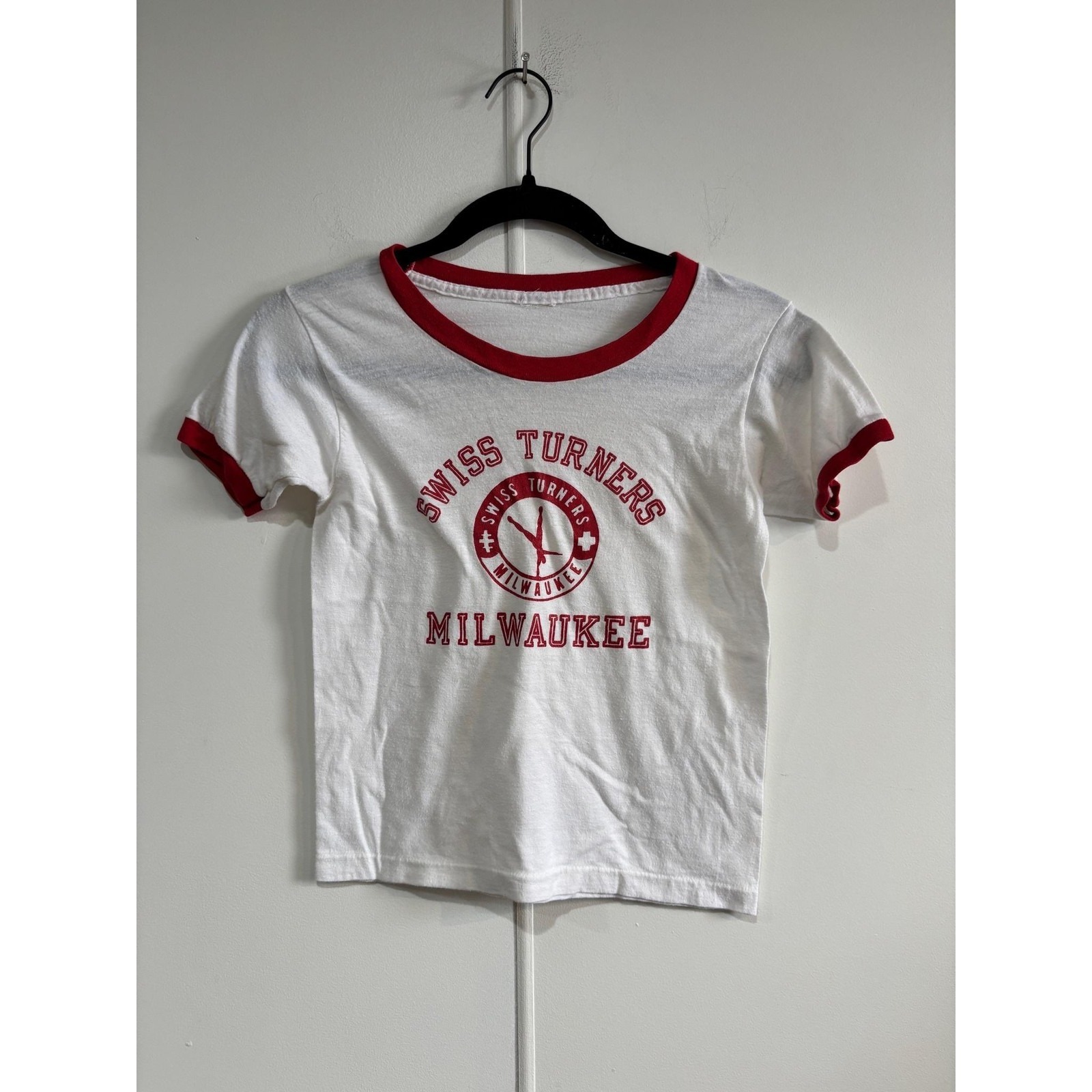 Vtg Swiss Turners Milwaukee Shirt Womens Xxs White Red Ringer Gymnastics Tee